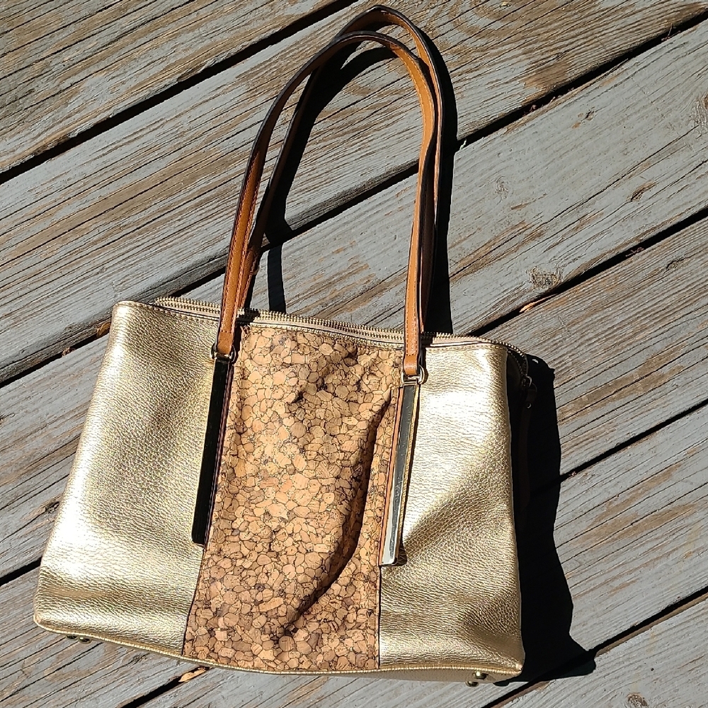 Sondra Roberts Gold and Tan Shoulder Bag with Cork Accent